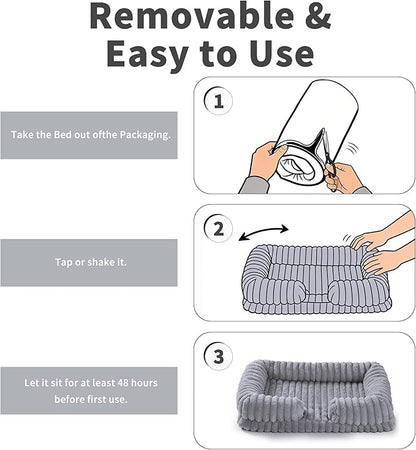 Orthopedic Dog Bed for Large Dogs 42x27x3 Inches Soft Striped Faux Rabbit Fur with Removable Washable Cover & Waterproof Lining, Egg Crate Foam, Gray