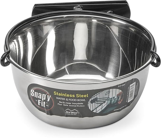 MidWest Homes for Pets Snap'y Fit Stainless Steel Food or Water Bowl, Holds 1 Quart, Mounts to Wire Crates, No-Tip Design, Rust-Resistant, for Dogs and Cats