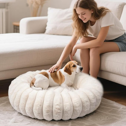 Donut Dog and Cat Bed, Luxurious Comfortable Faux Rabbit Fur Pet Beds, Round Anti-Anxiety Calming Puppy Kitten Bed with Anti-Slip Bottom for Small Medium Large Dogs & Cats(36", White)