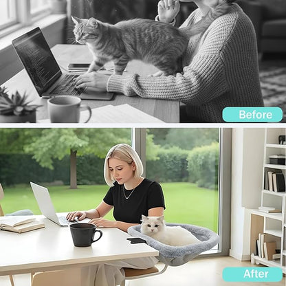 Cozy Winter Cat Desk Bed - One-Touch 90° Fold Down & Space-Saving Ergonomic Perch, Ultra-Plush Faux Rabbit Fur Sunken Nest for Remote Workers, Holds 40lb (18kg) - Perfect for Cats