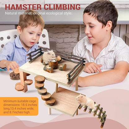 VolksRose Wooden Hamster Playground Platform, Hamster Climbing Toy, Natural Living Climb System, Small Animals Activity Set with Ladder Food Bowl Ramp Bridge for Mouse Gerbil Rat Chinchilla