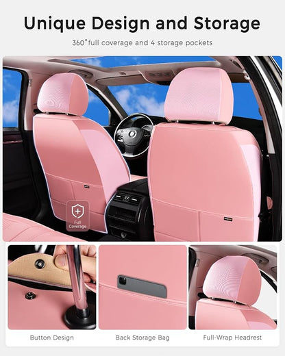 Huidasource Pink Front Seat Covers, Nappa Leather Front Car Seat Covers with Lumbar Support, Ventilation Holes, Elastic Fabric, Airbag, Full-Coverage Seat Covers, Fit for Most Cars SUV Trucks, Pink