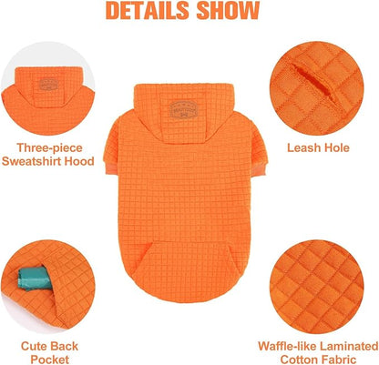 BEAUTYZOO Small Dog Hoodie Sweater with Pockets, Dog Clothes for Small Medium Dogs Boy Girl, Waffle-Like Laminated Cotton Pet Coats with Hat and Leash Hole, Orange S