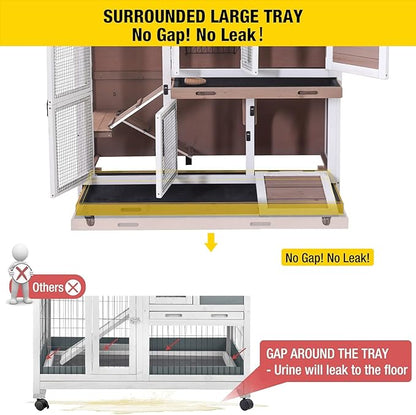 Aivituvin Rabbit Hutch Bunny Cage with Wheels Indoor Outdoor Two Story Guinea Pig Cage with 2 Deep No Leak Tray