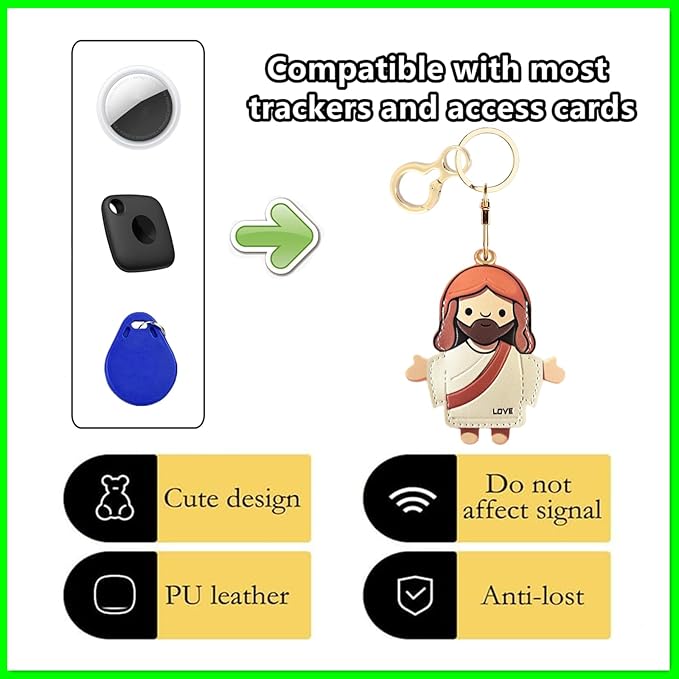 Leather Airtag Keychain Case Holder,Cute Protective Apple Air Tag Cover with Key Ring,Anti-Scratch Hidden Finder GPS Tracker Case for Wallet Keys,Bag,Pets,Backpack(Je sus A)