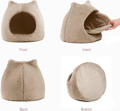 Best Friends by Sheri Meow Hut Fur Dome Pet Bed – Covered Cat Cave for Cats & Small Dogs up to 15 lbs, Faux Fur Hideaway with Water-Resistant Bottom, Machine Washable, Wheat