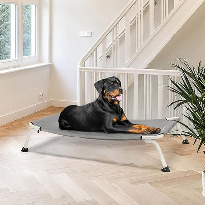 Veehoo Elevated Dog Bed for Outdoor, Cooling Waterproof Raised Dog Cots Beds XL, Curved Off Ground Pet Hammock Cot Lifted for Outside, up to 150lbs, White Legs, Grey 49"
