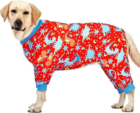 LovinPet Pitbull Dog Pajamas, Large Dog Onesies for Surgery Care, Lightweight Stretchy Knit Fabric, Dinosaur Jungle Red Print, Pet Clothes, UV Protection, Pet Anxiety Relief, PJ's for Dogs, L