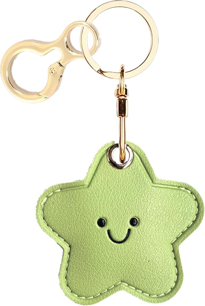 Leather Keychain Holder Case Compatible with AirTag,Cute Protective Cover with Keyring,Anti-Scratch Finder GPS Tracker Case for Wallet Keys,Bag,Pets,Backpack(Green Star)