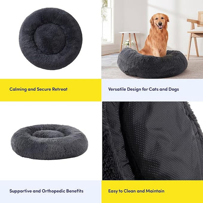 Dog & Cat Bed: Round Faux Fur Pet Bed - Plush, Cozy, & Calming Donut Bed for Medium Pets - Soft & Comfortable Sleeping Cushion for Napping & Lounging, 23" Round, Dark Gray