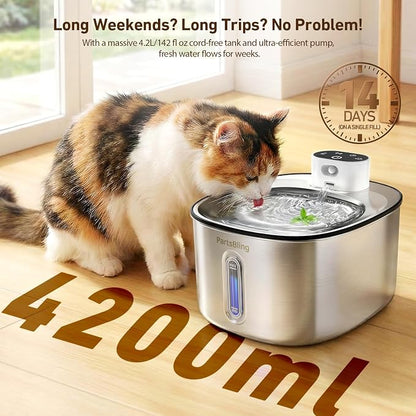 PartsBling Stainless Steel Cat Water Fountain, 4.2L/142 oz | Cordless Pet Water Fountain with Sensor, 5000mAh Rechargeable Battery, Ultra Quiet, 4 Filters, for Cats & Small Dogs, White
