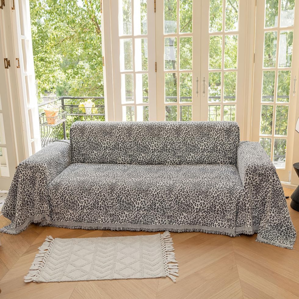 AMWAN Luxury Chenille Couch Cover Grey Leopard Print Grey Large Sofa Cover for Sectional,Lshape,3 Cushion Sofa,Couch,Sofa-Bed Durable 1 Piece Multifunctional Furniture Cover for Dogs,Cats,71x134’’