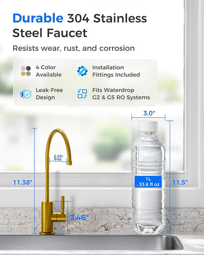 Waterdrop G2FCT-Gold Reverse Osmosis Water Filter Faucet, Brushed Gold | Water Faucet for Kitchen Bar Sink, NSF/ANSI 372 Certified, Lead-Free, 304 Stainless Steel, Single Handle, 360° Swivel Spout