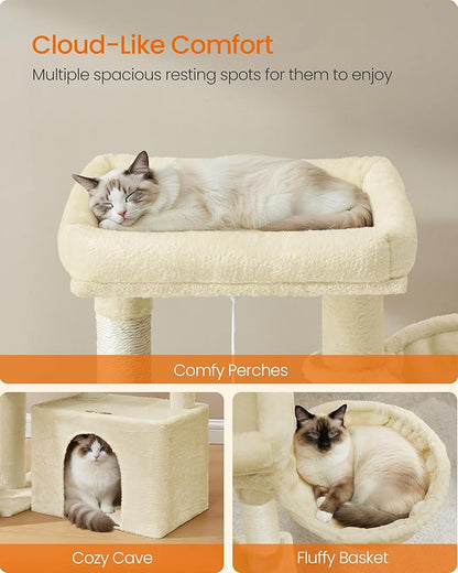 Feandrea Cat Tree, Cat Tower Condo with Scratching Posts and Ramp, 2 Large Perches, Cave, Basket, 33.8 Inches Tall, Summer Sand UPCT013LF02S