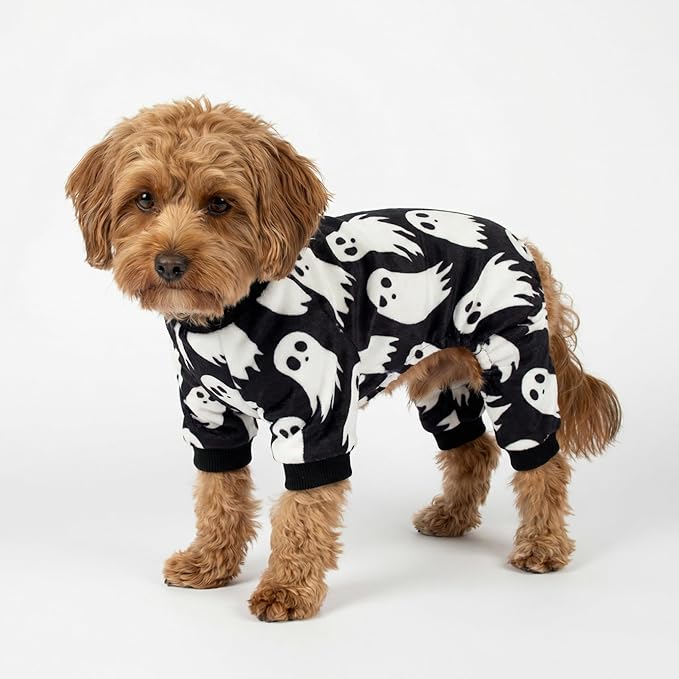 Fitwarm Halloween Ghost Dog Pajamas, Funny Halloween Costumes for Dogs, Fleece Dog Onesie with Feet, Doggy Clothes for Small Dogs Boy Girl, Pet Apparel, Black, White, XXL