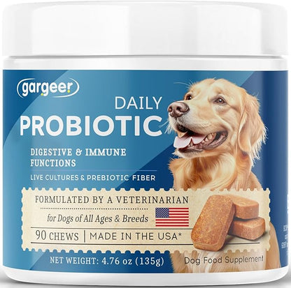 Gargeer Daily Probiotics & Prebiotics for Dogs. Supports Healthy Digestion, Gut Flora & Proper Immune System. for All Dog Breeds & Ages, 60 Delicious Duck Flavored Soft Chews. Made in the USA. Enjoy!