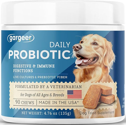 Gargeer Daily Probiotics & Prebiotics for Dogs. Supports Healthy Digestion, Gut Flora & Proper Immune System. for All Dog Breeds & Ages, 60 Delicious Duck Flavored Soft Chews. Made in the USA. Enjoy!
