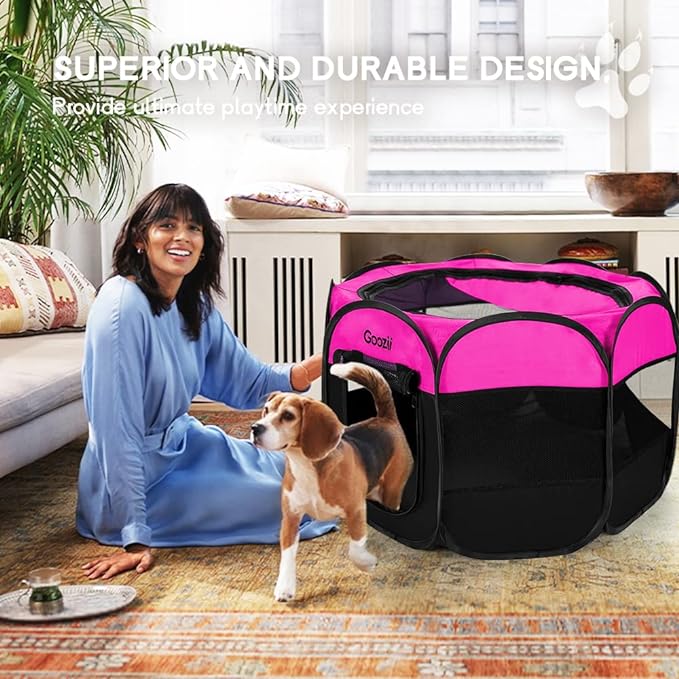 GOOZII Portable Dog Playpen for Small Dogs Indoor Outdoor, Foldable Pet Puppy Playpens Kennel Tent with Top Cover Door for House Cat Kitty for Dog Lover as (Medium Size, Pink)