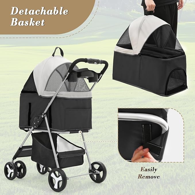 Athena Collection 4 Wheels Pet Stroller for Medium Dogs 33 Lbs - Puppy Cat Carrier With Detachable Carrier, Cup Holder Tray, Bottom Storage - Black