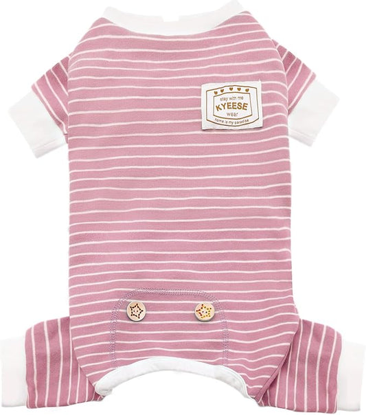 KYEESE Dog Pajamas Soft 4 Legs Doggie Jammies Striped Dog PJS Pet Jumpsuit Lightweight Puppy PJS Clothes Breathable Pajamas Stretchable Outfit Cozy Onesie Sleepwear for Summer,Pink Striped, Small