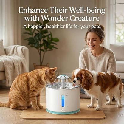 Wonder Creature Cat Water Fountain Stainless Steel Lid 81oz | Quiet Pet Fountain, LED Water Level Window, Multi-Layer Filter, Dishwasher-Safe Stainless Steel Lid for Cats and Dogs