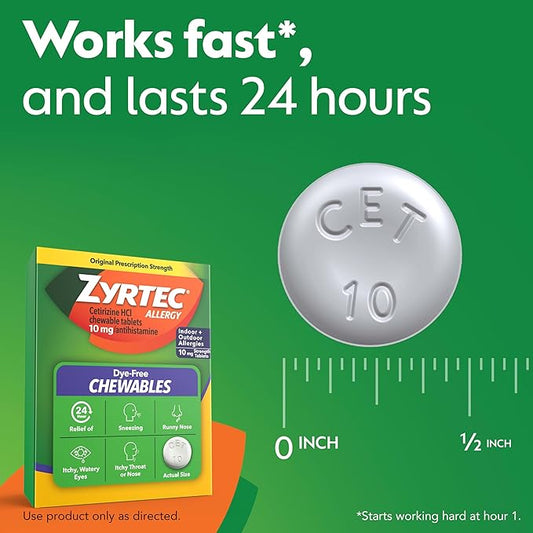 Zyrtec 24 Hour Allergy Relief Chewable Tablets, 10 mg Cetirizine Hydrochloride Antihistamine, Dye-Free Allergy Medicine for Runny Nose, Sneezing, Itchy, Watery Eyes, Indoor & Outdoor Allergies, 24 ct