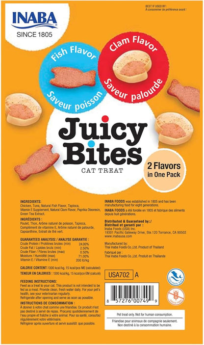 INABA Juicy Bites, Moist & Chewy Cat Treats with Vitamin E and Green Tea Extract, 0.4 Ounces per Pouch, 18 Pouches (3 per Bag), Fish and Clam