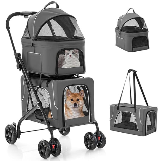 Foldable Pet Stroller, Removable Dog Stroller with 2 Front Universal Wheels, All Terrain Travel Cat Storage Bag with 2 Braked Rear Wheels, Pet Safety Seat, Gray