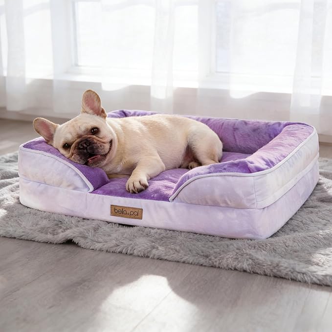BELLA & PAL Orthopedic Dog Sofa Bed for Medium/Large Dogs – No Assembly Needed, Egg-Crate Foam Dog Couch with Waterproof Liner, Washable Removable Cover, Non-Slip, 28x23x6.5Inch, Purple