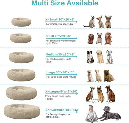 SAVFOX 36 inches Calming Donut Dog Bed - 3X Durable Plush Faux Fur, Machine Washable & Non-Slip, Fits up to 100 lbs, Beige