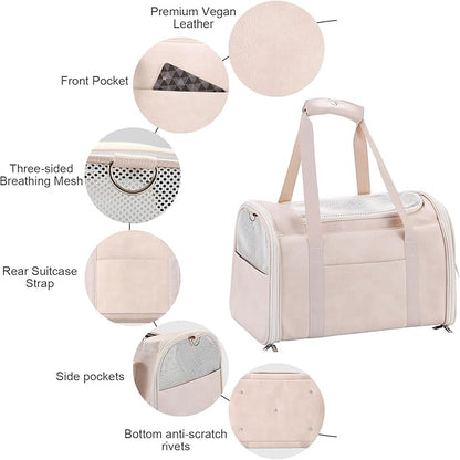 Lasaviin Fashion Leather Dog Carrier Cat Carrier Airline Approved Pet Carrier for Small Medium Dogs Cats Under 15Lbs, Collapsible Soft Sided Travel Puppy Carrier White