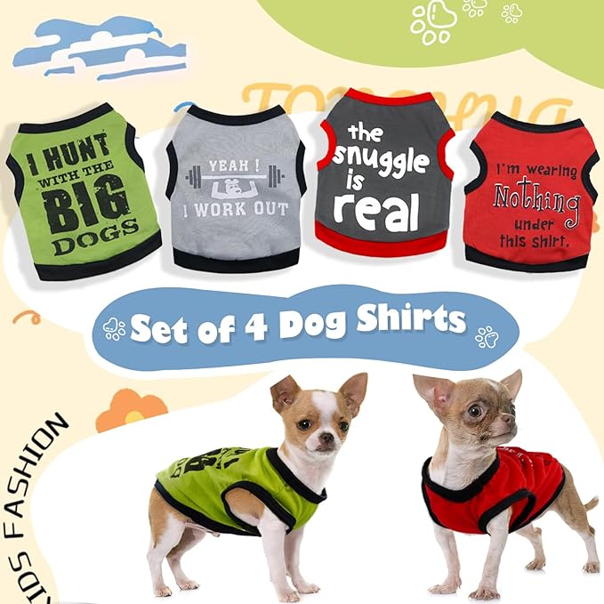 4 Pieces Dog Clothes Puppy Shirts for Small Dogs Boy Male Spring Summer Soft Cute Pattern Pet Tshirts Outfit for Cat Doggie (Small)