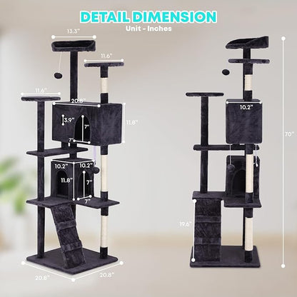 FDW | 70" Cat Tree Tower | Ashy | Multi-Level Indoor Activity Center with Sisal Scratching Posts, Condos, Plush Perches, Hanging Cat Toys | Sturdy, Easy to Assemble | for Kittens & Adult Cats