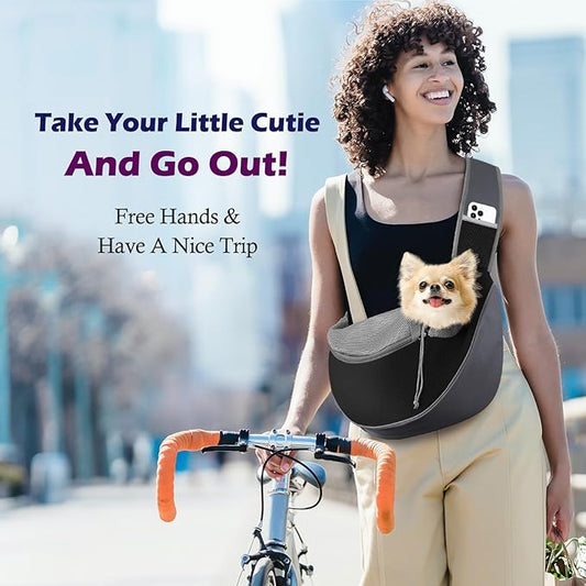 Pawaboo Pet Dog Sling Carrier, Hand Free Drawstring Dog Papoose with Adjustable Strap, Breathable Mesh Bag for Puppy Cat, Crossbody Satchel Dogs Purse with Pocket for Outdoor, Dark Gray+Black, Large