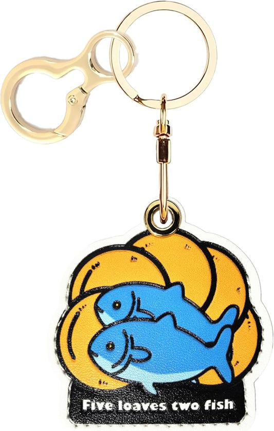 Leather Airtag Keychain Case Holder,Cute Protective Apple Air Tag Cover with Key Ring,Anti-Scratch Hidden Finder GPS Tracker Case for Wallet Keys,Bag,Pets,Backpack(Five Loaves Two Fish)