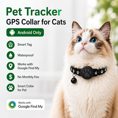 GPS Tracker for Cats, Cat Collar with Tracker for Android Users – No Monthly Fee, Google Find Hub Cat GPS Tracker Collar, IP67 Waterproof, Replaceable Battery Lasts 1 Year (Not Standalone GPS) (Black)