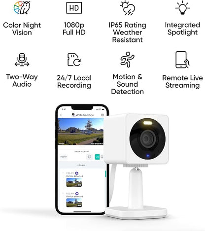 WYZE Cam OG Indoor/Outdoor 1080p Wi-Fi Smart Home Security Camera with Color Night Vision, Wired, Motion Detection, 2-Way Audio, Compatible with Alexa & Google, White (2-Pack), Free Expert Setup