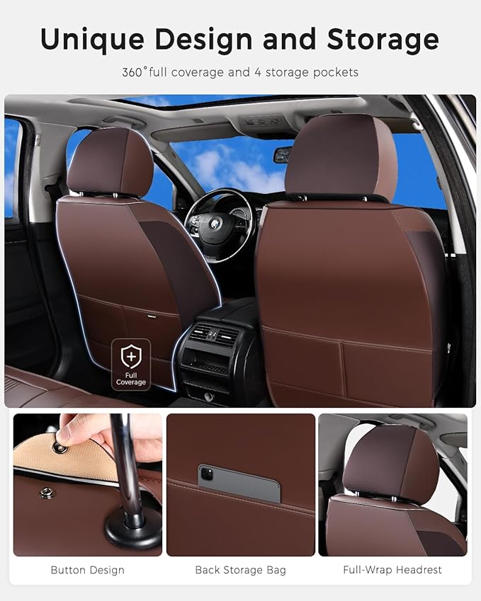 Huidasource Brown Front Seat Covers, Nappa Leather Front Car Seat Covers with Lumbar Support, Ventilation Holes, Side Elastic Fabric, Airbag, Full-Coverage Seat Covers, for Most Cars SUV Trucks, Brown