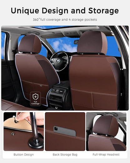 Huidasource Brown Front Seat Covers, Nappa Leather Front Car Seat Covers with Lumbar Support, Ventilation Holes, Side Elastic Fabric, Airbag, Full-Coverage Seat Covers, for Most Cars SUV Trucks, Brown