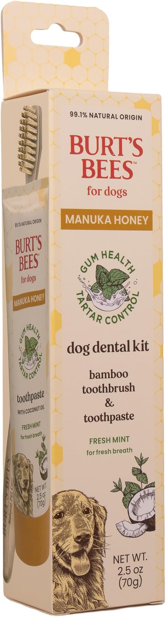 Burt's Bees for Pets Dental Kit for Dogs with Bamboo Toothbrush & Toothpaste with Manuka Honey and Coconut Oil for Gum Health & Tartar Control, 99.1% Natural Origin Formula, Fresh Mint Flavor, 2.5 oz