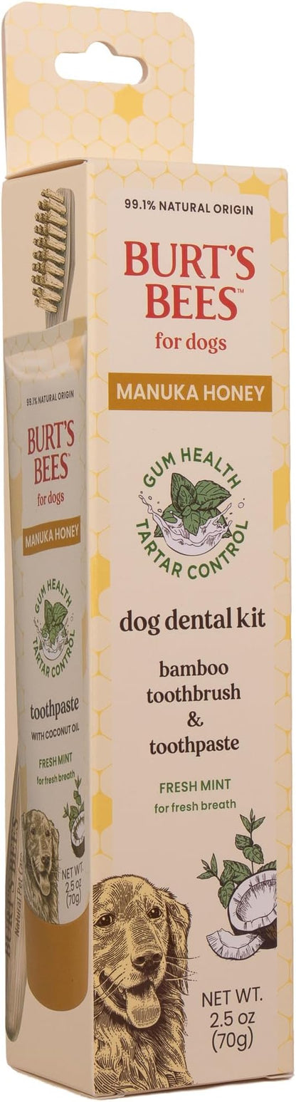 Burt's Bees for Pets Dental Kit for Dogs with Bamboo Toothbrush & Toothpaste with Manuka Honey and Coconut Oil for Gum Health & Tartar Control, 99.1% Natural Origin Formula, Fresh Mint Flavor, 2.5 oz