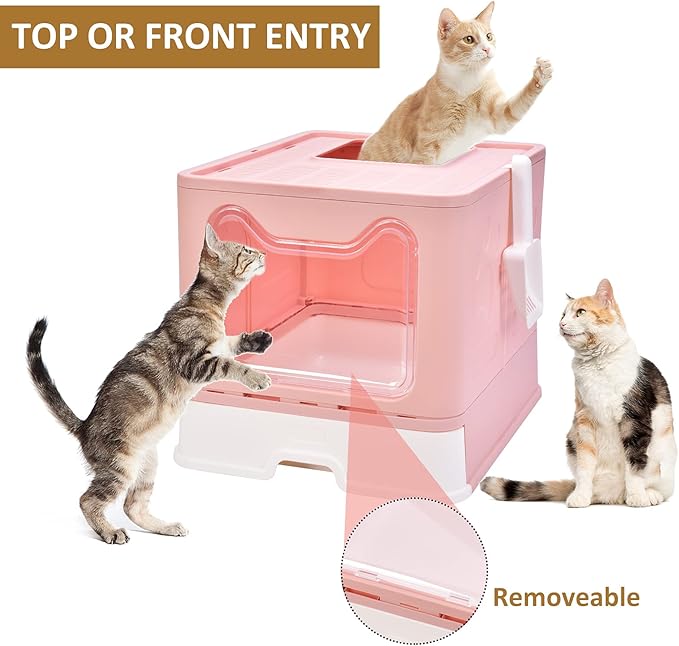Panghuhu88 Foldable Litter Box With Lid, Large Top Entry Cat Toilet, Enclosed Potty Include Litter Scoop, Drawer Type Easy Clean Pan (Pink, 20" L x 16" W x 15" H)