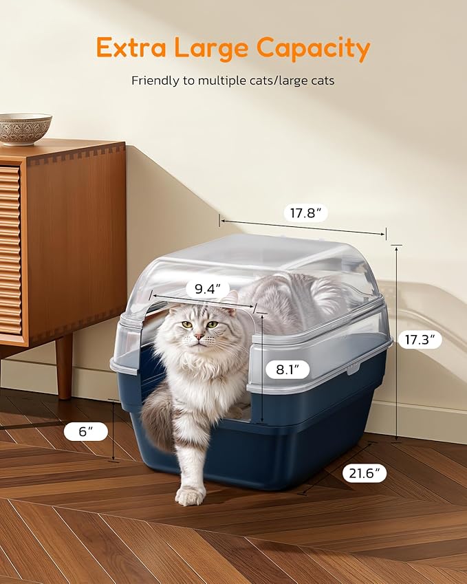 Large Cat Litter Box with Transparent Lid, Foldable Hooded Litter Box with Front Door Flap for Privacy, Easy Clean Non-Sticky Litter Box with Intelligent Deodorizing, (21.6" L x 17.8" W x 17.3" H)