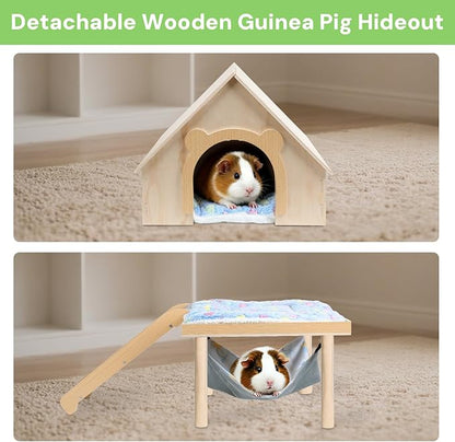 Guinea Pig Hideout- Wooden Guinea Pig Toys with Stairs and Mat & Hammock, Detachable Double-Decker House for Small Animal Toys for Hiding Sleeping Activities