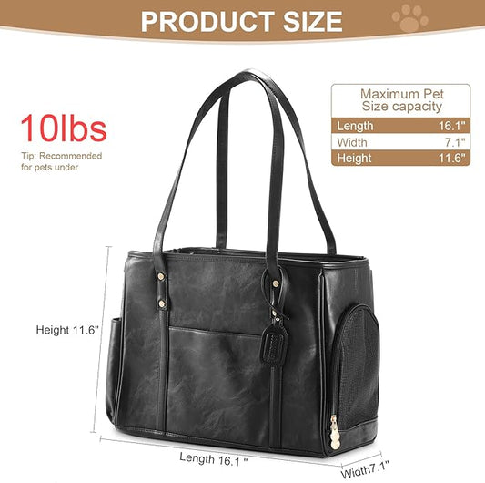 Fashion Dog Carrier Purse, Premium Leather Cat Carrier Bag, Airline Approved Soft Sided Pet Travel Tote Bag with Pockets Black