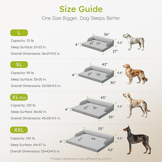 CWAWZ Large Orthopedic Dog Bed, Pet Bed Large Size Dog, Dual-Sided Cooling Beds with Memory Foam Washable Cover Nonslip Bottom, Waterproof Pet Beds with Bolsters, Light Grey