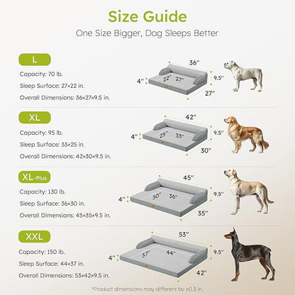 CWAWZ Large Orthopedic Dog Bed, Pet Bed Large Size Dog, Dual-Sided Cooling Beds with Memory Foam Washable Cover Nonslip Bottom, Waterproof Pet Beds with Bolsters, Light Grey