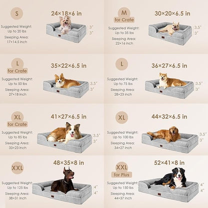 EHEYCIGA Orthopedic Dog Beds for Large Dogs, Waterproof Memory Foam Large Dog Bed with Sides, Non-Slip Bottom and Egg-Crate Foam Pet Couch Bed with Washable Removable Cover, Grey