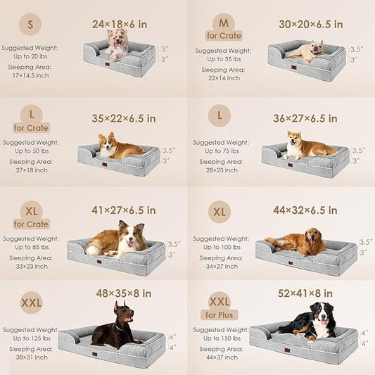 EHEYCIGA Orthopedic Dog Beds for Large Dogs, Waterproof Memory Foam Large Dog Bed with Sides, Non-Slip Bottom and Egg-Crate Foam Pet Couch Bed with Washable Removable Cover, Grey