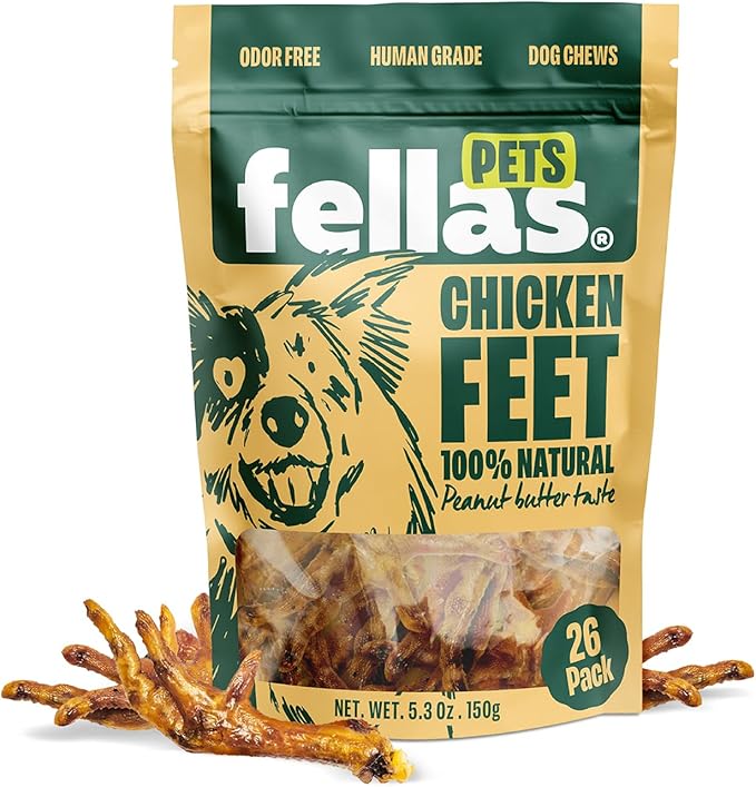 100% Natural Dehydrated Chicken Feet Peanut Butter Flavor For Dog Treats - Organic, No Rawhide, Sensitive Stomach, Nail Free, Odor Free, High Collagen, Hip Joint & Dental Health - 26 Count